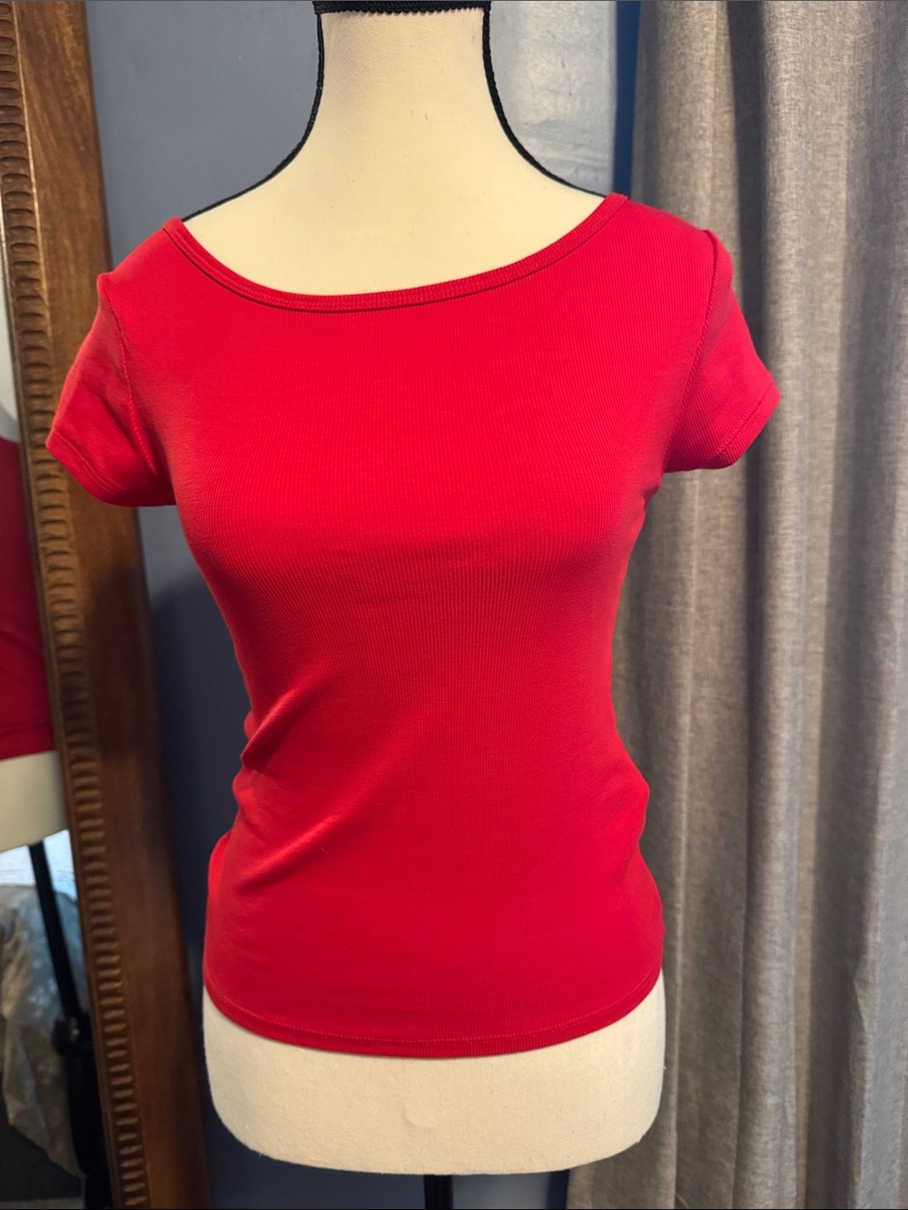 Madewell Red Short Sleeve Ribbed Cotton Scoop Neck Top